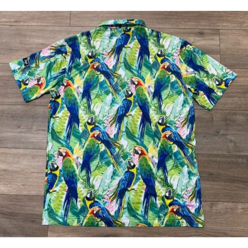Waggle Golf Polo Shirt Mens L Blue Parrot Floral AOP Performance Stretch Wick - Picture 6 of 7